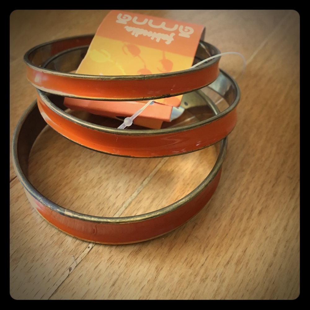 Orange Enamel + Gold Metal Bangles: New-Set of 3